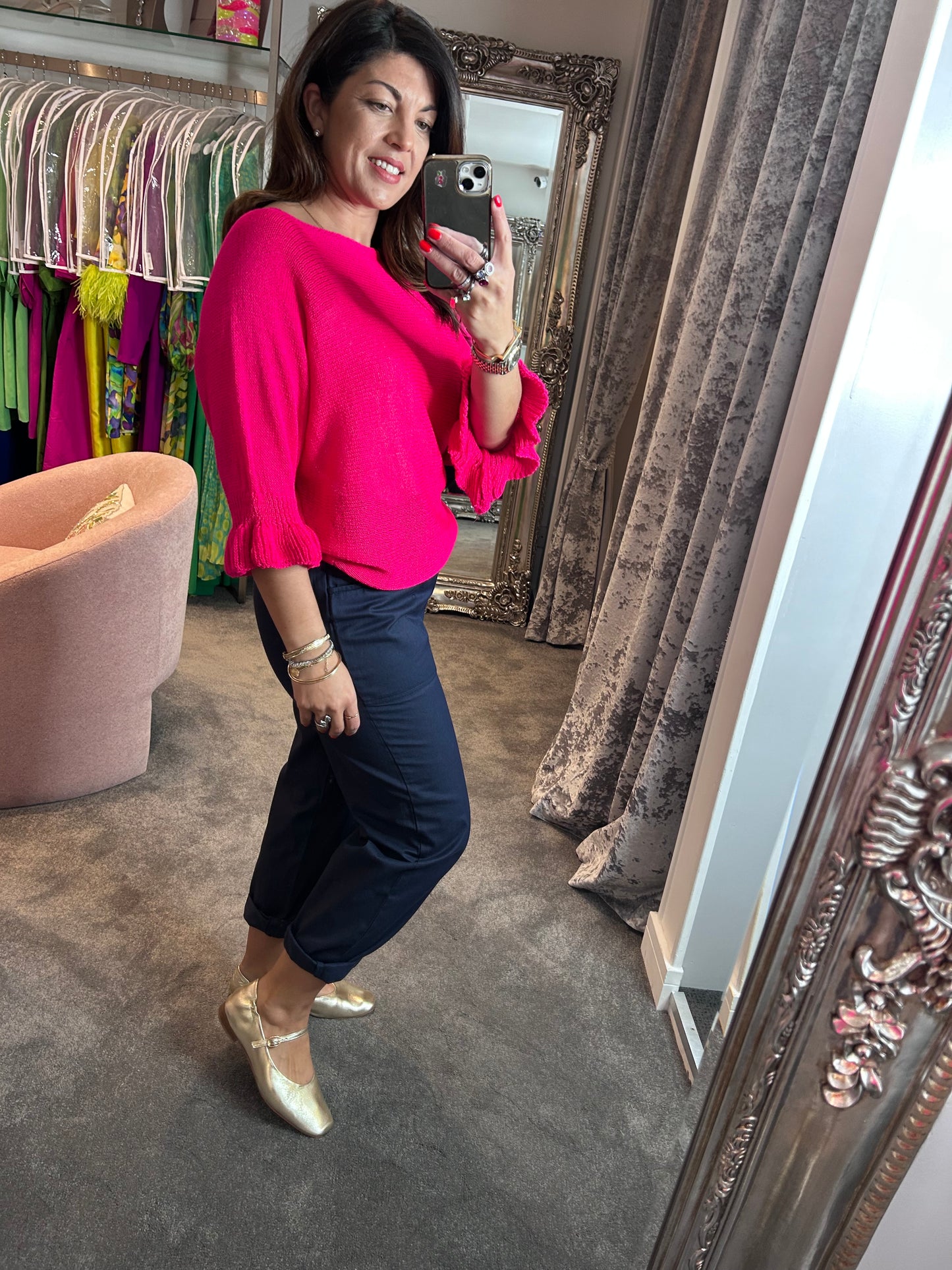 T1 Hot Pink Frill Edge Batwing Knit