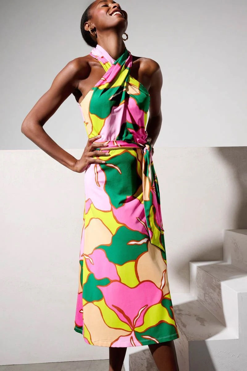K-Design Lime Abstract Print Halter Neck Dress