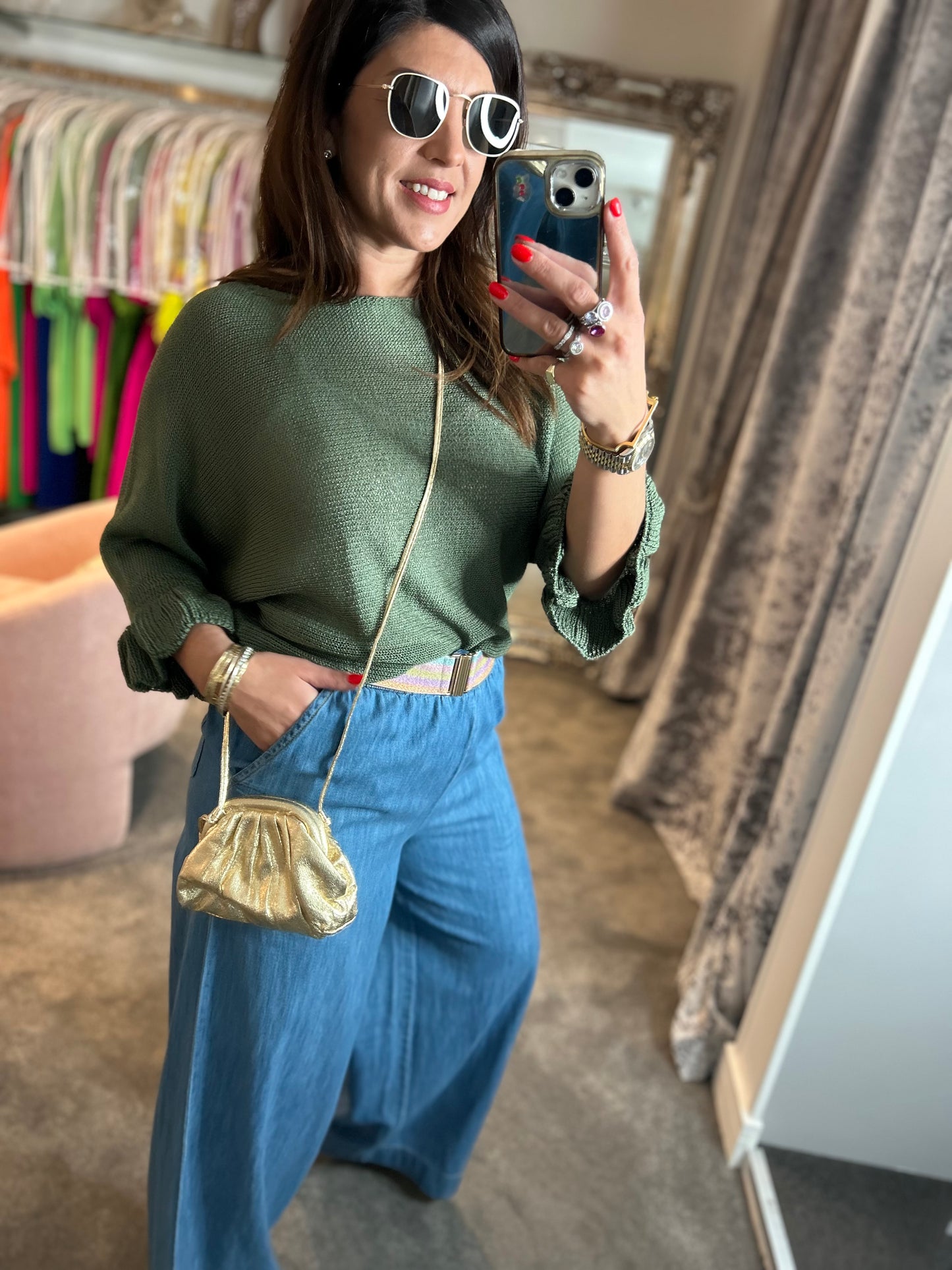 T1 Khaki Frill Edge Batwing Knit