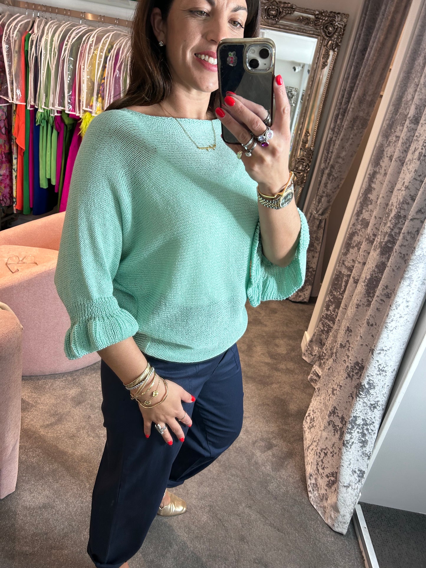 T1 Teal Frill Edge Batwing Knit