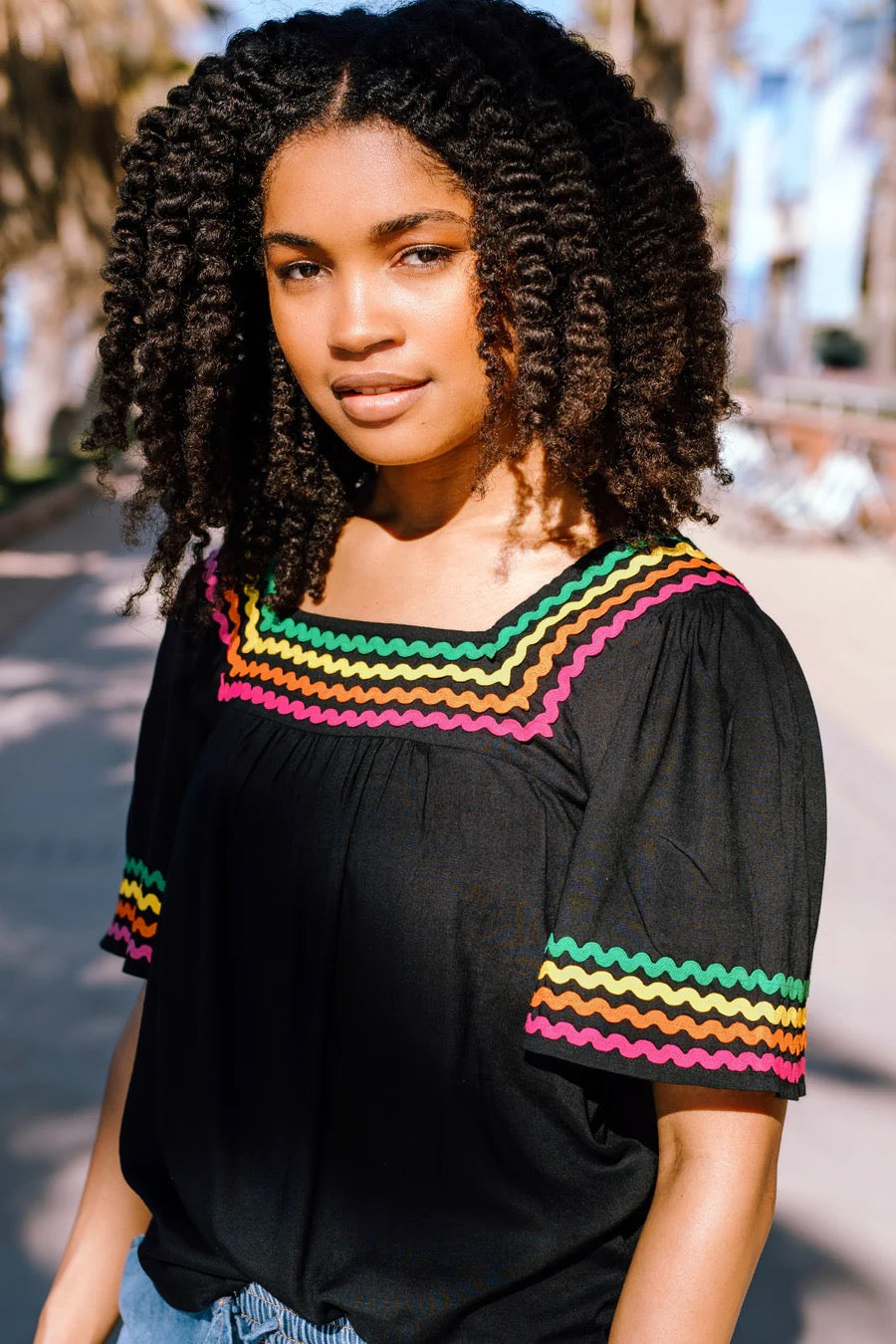 Sugarhill Brighton Carmen Top - Black, Rainbow Ric Rac