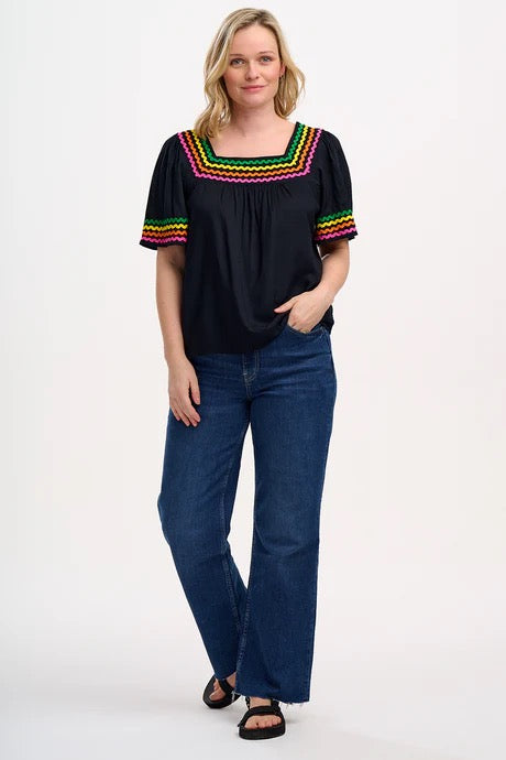 Sugarhill Brighton Carmen Top - Black, Rainbow Ric Rac