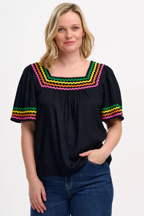 Sugarhill Brighton Carmen Top - Black, Rainbow Ric Rac