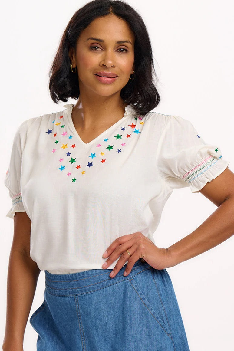 Sugarhill Brighton Haydee Shirred Top - Off White, Rainbow Stars