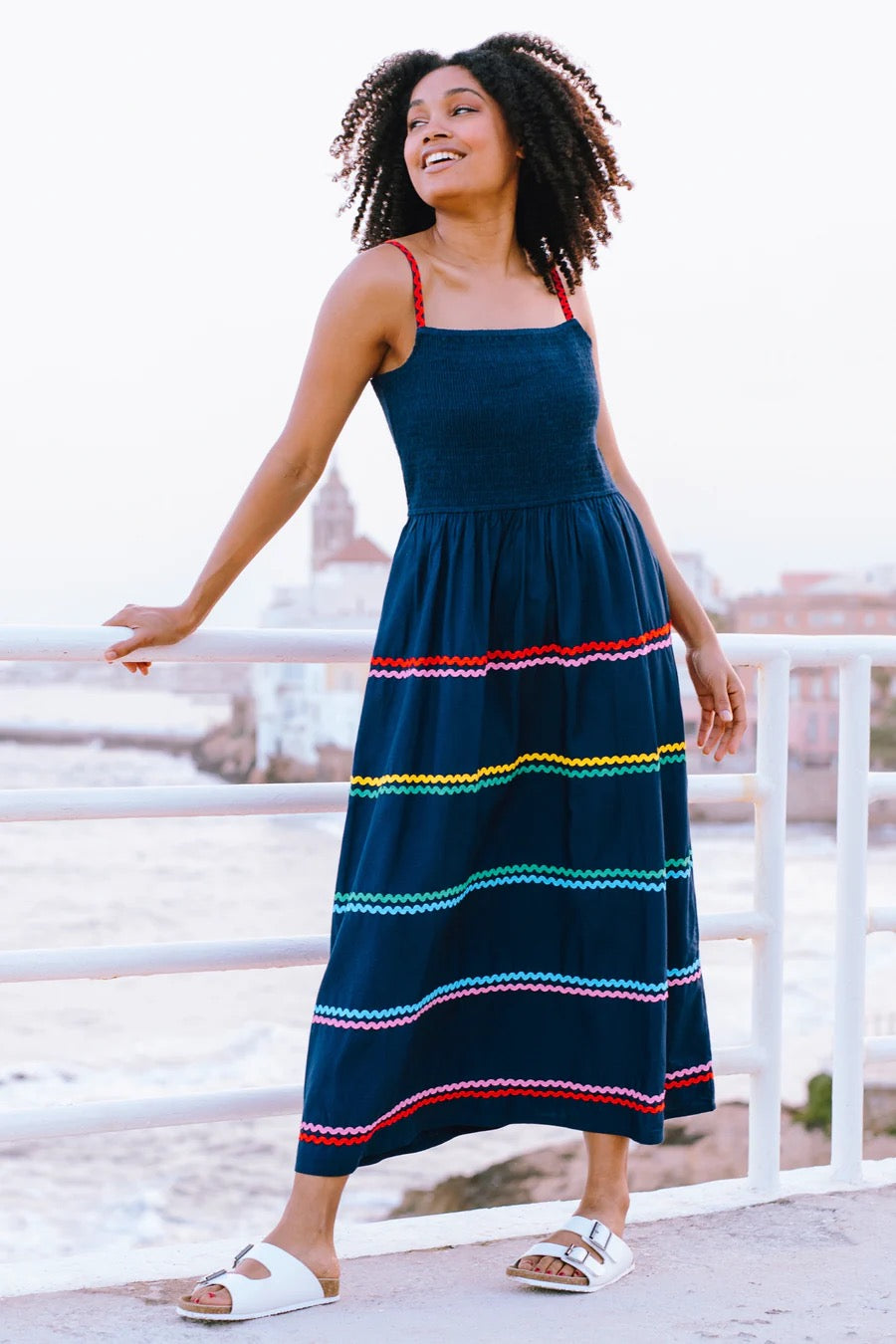 Sugarhill Brighton Penrose Shirred Sundress - Navy, Rainbow Ric Rac
