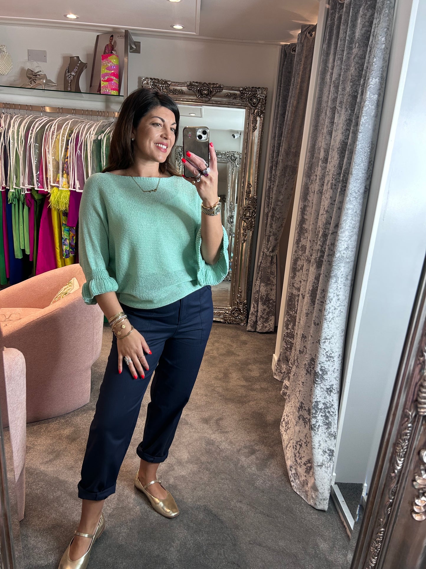 T1 Teal Frill Edge Batwing Knit