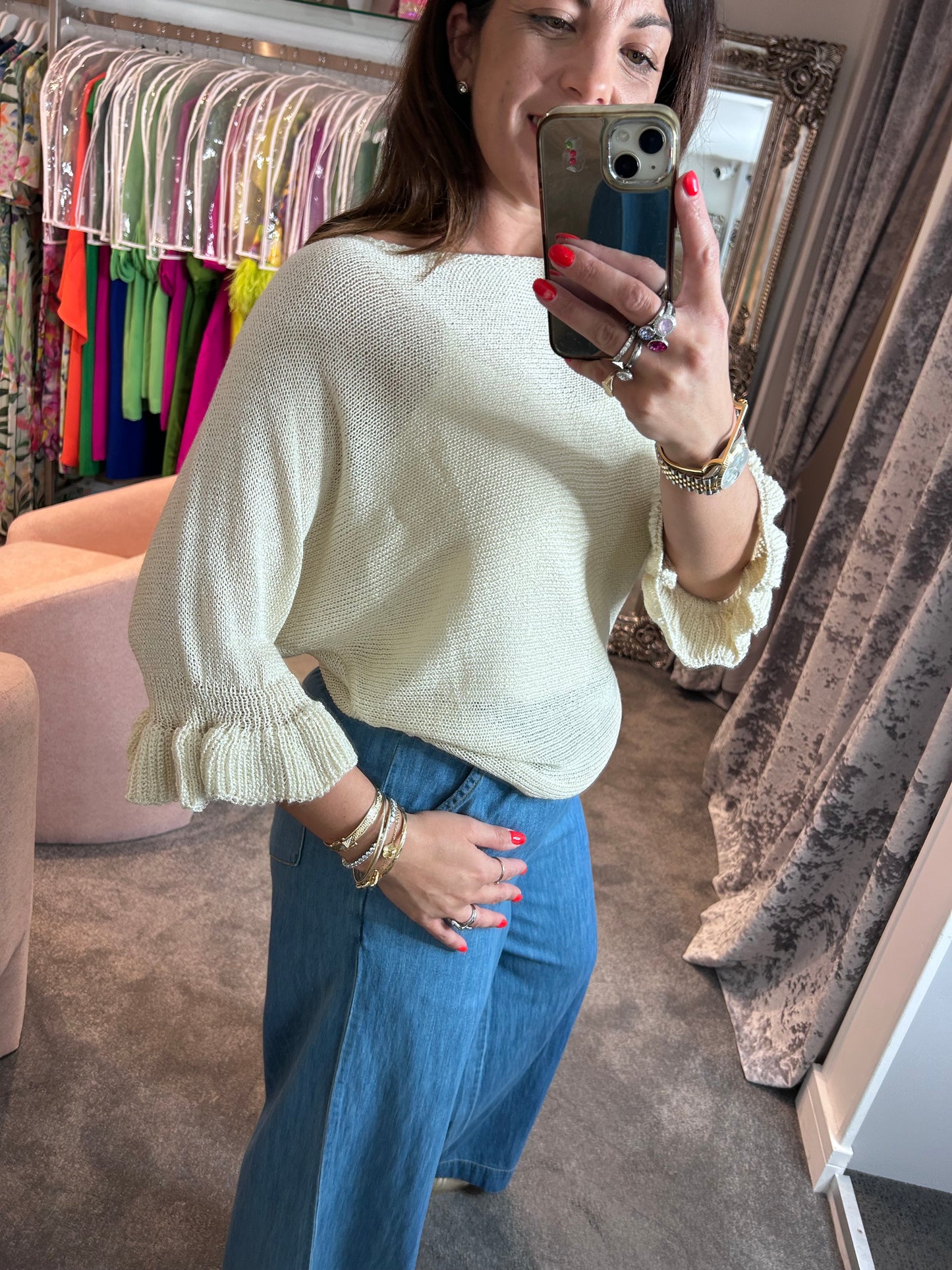 T1 Cream Frill Edge Batwing Knit