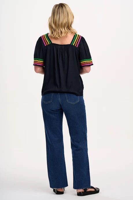 Sugarhill Brighton Carmen Top - Black, Rainbow Ric Rac