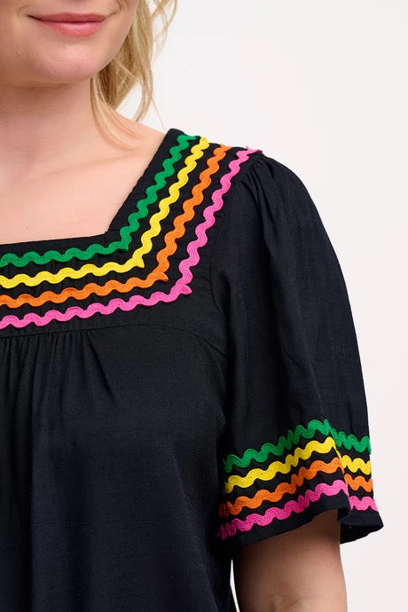 Sugarhill Brighton Carmen Top - Black, Rainbow Ric Rac