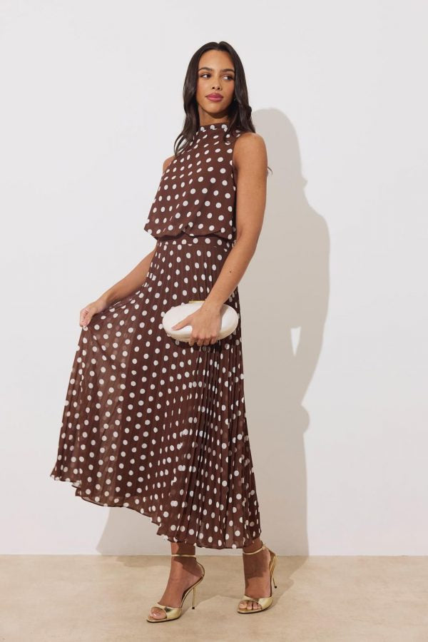 The 8th Sign Milly Polka Pleated Dress - Brown