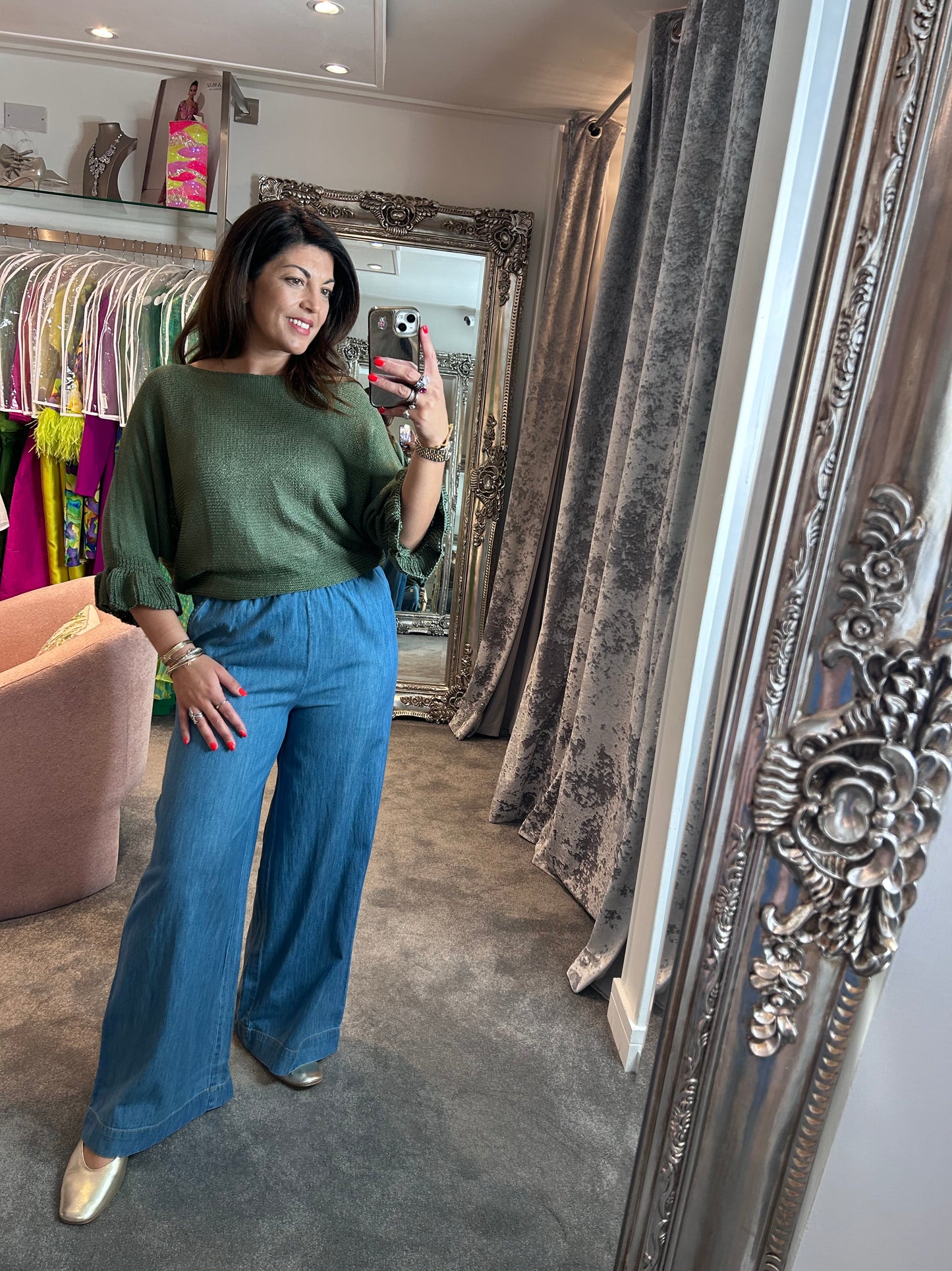 T1 Khaki Frill Edge Batwing Knit