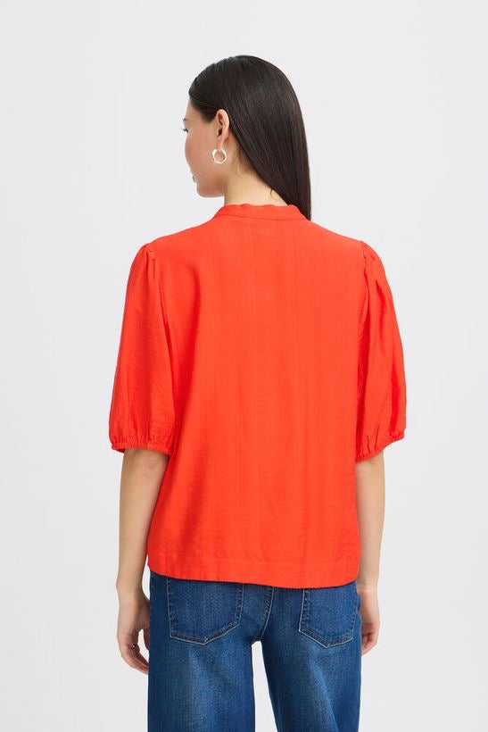 ICHI Imelda Tie-Neck Puff Sleeve Top – Fiery Red