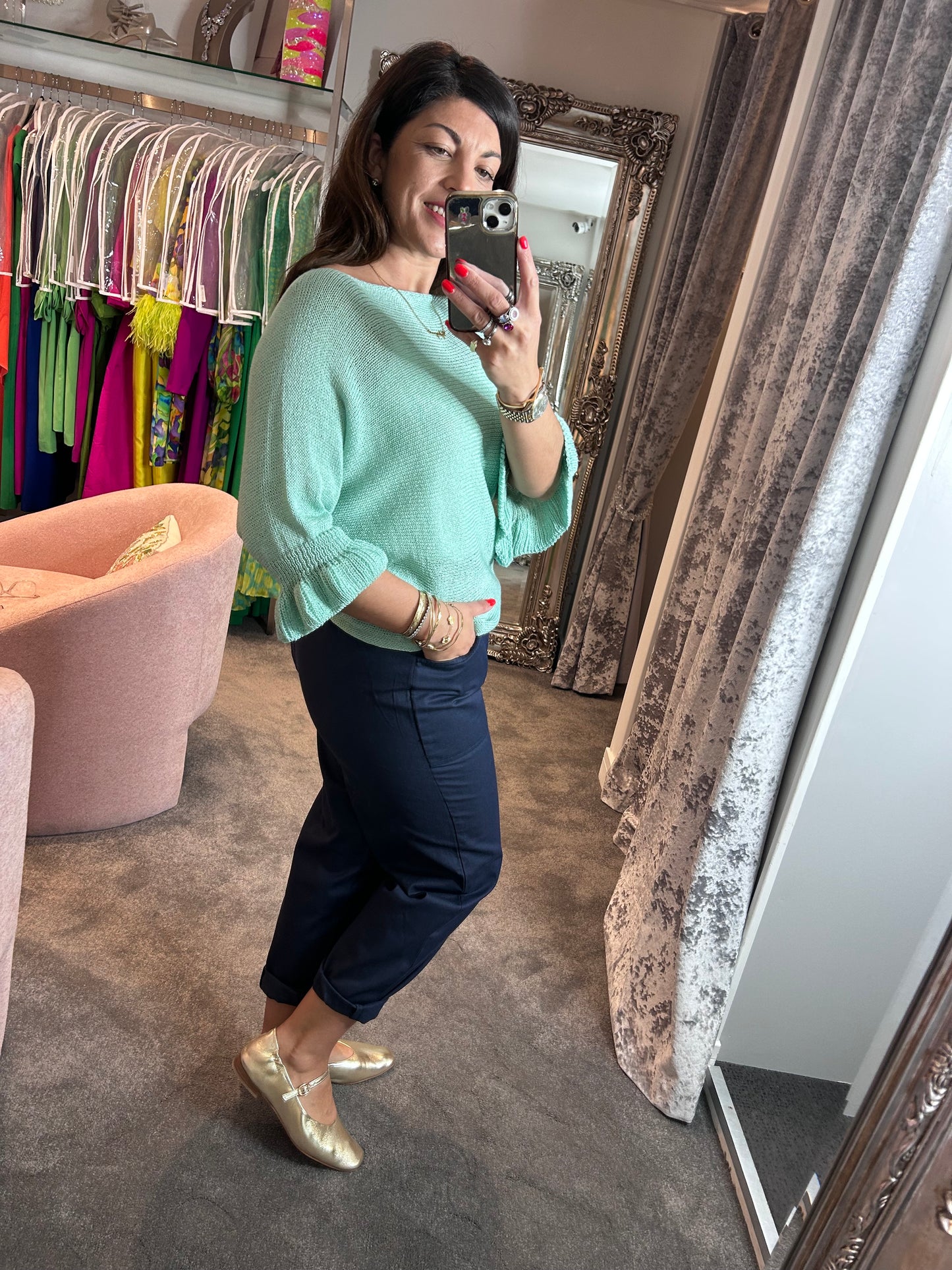 T1 Teal Frill Edge Batwing Knit