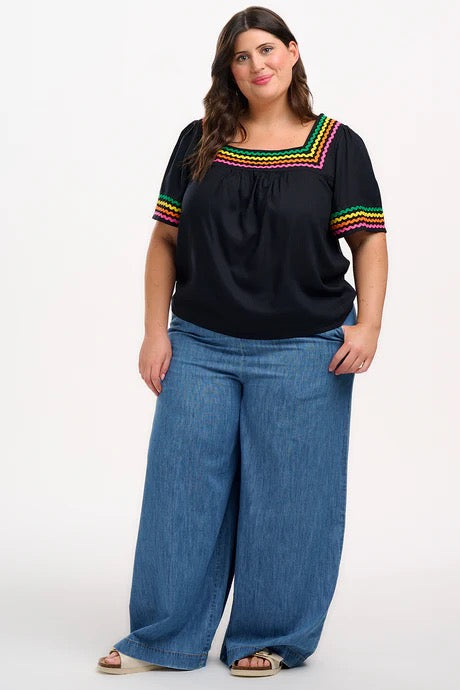 Sugarhill Brighton Carmen Top - Black, Rainbow Ric Rac
