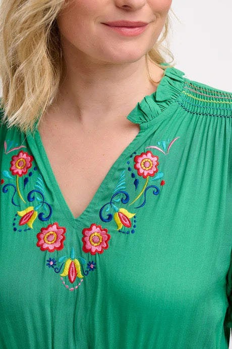 Sugarhill Brighton Carlota Midi Dress - Green, Folk Floral Embroidery