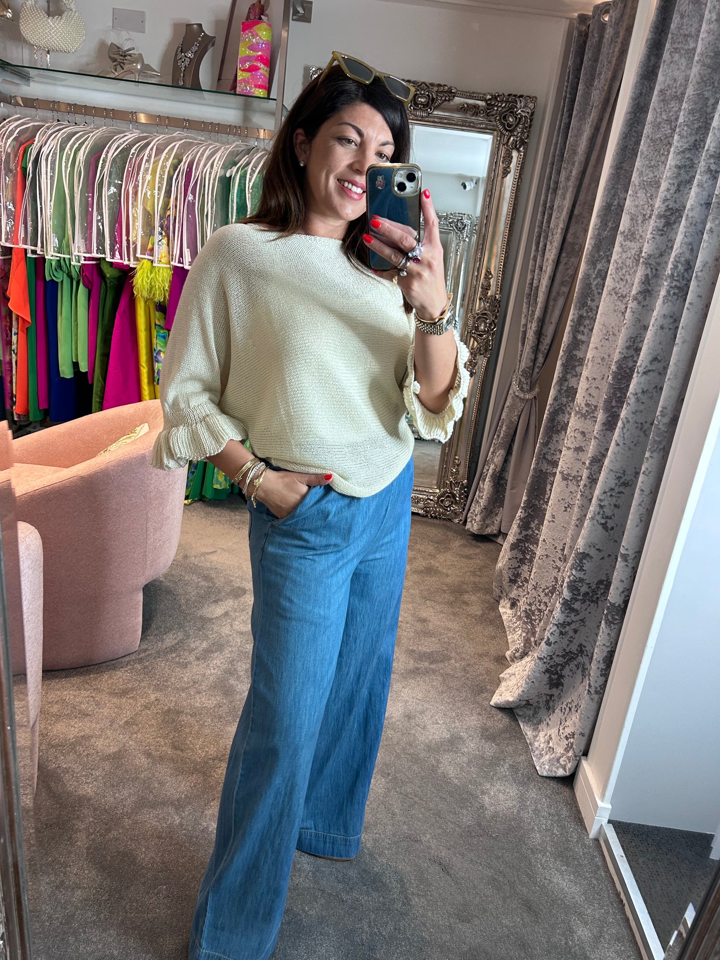 T1 Cream Frill Edge Batwing Knit