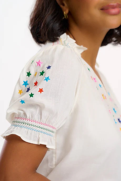 Sugarhill Brighton Haydee Shirred Top - Off White, Rainbow Stars