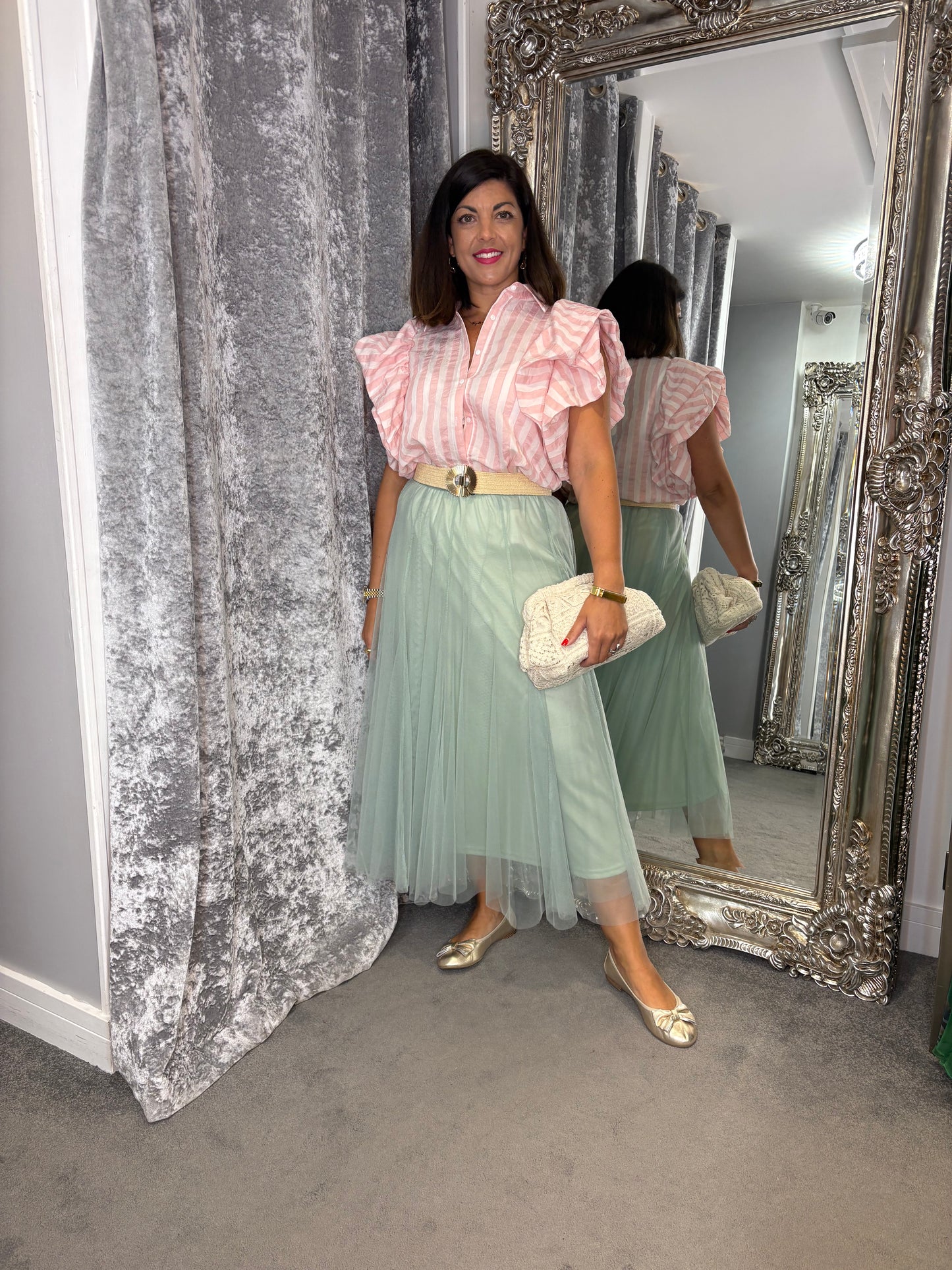 CFK Stripe Puff Sleeve Blouse - Pink
