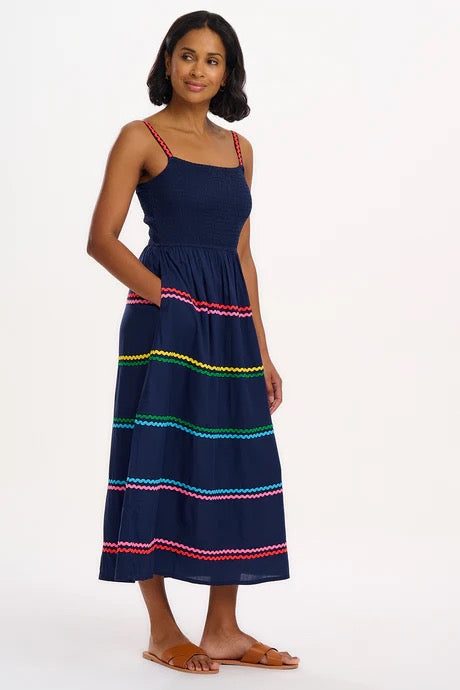 Sugarhill Brighton Penrose Shirred Sundress - Navy, Rainbow Ric Rac