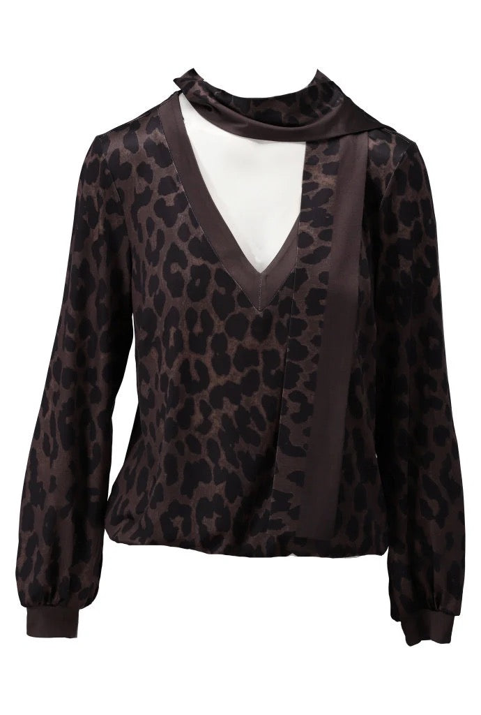 K Design Blouse With Neck Tie - Dark Leopard