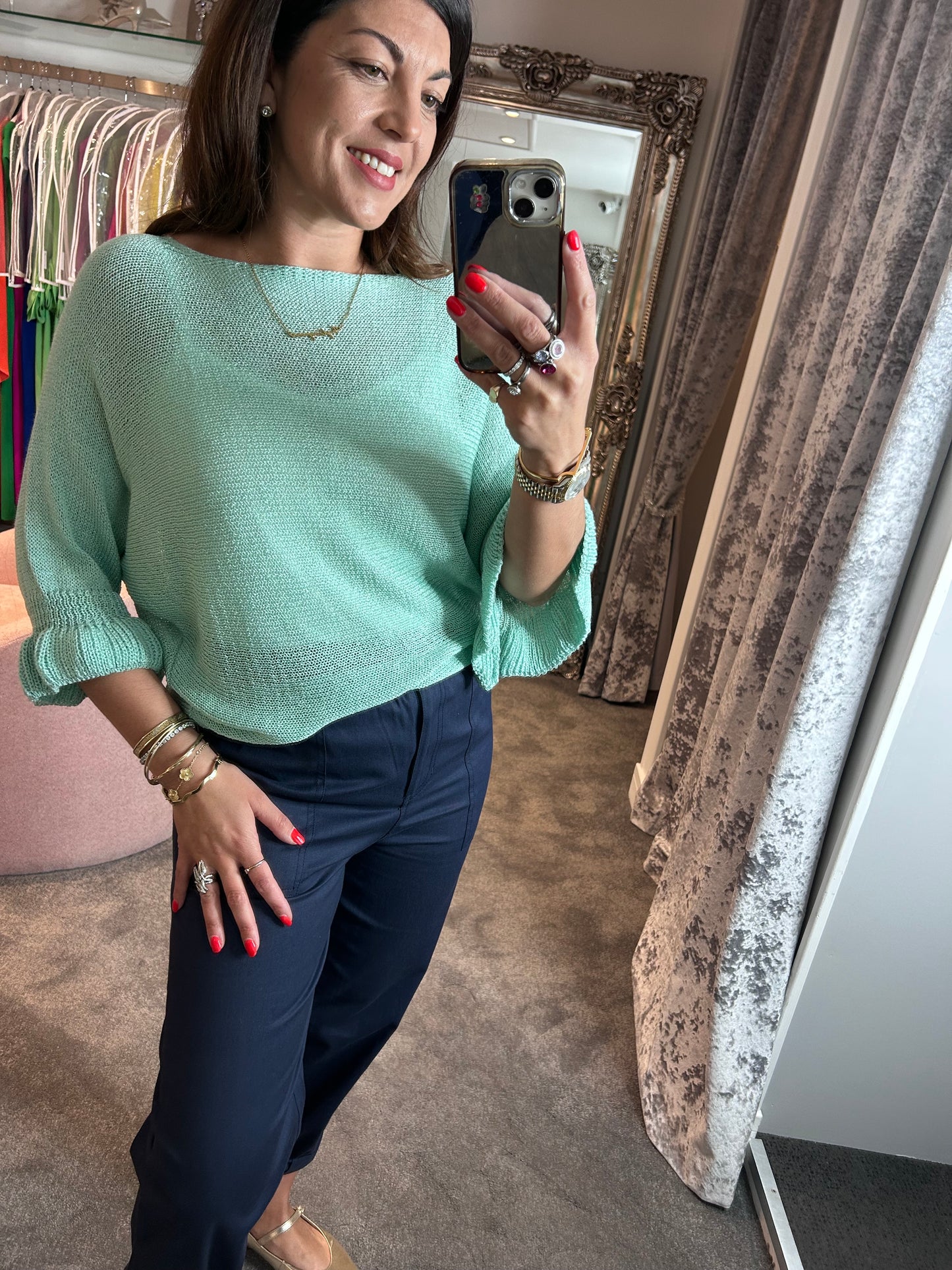 T1 Teal Frill Edge Batwing Knit