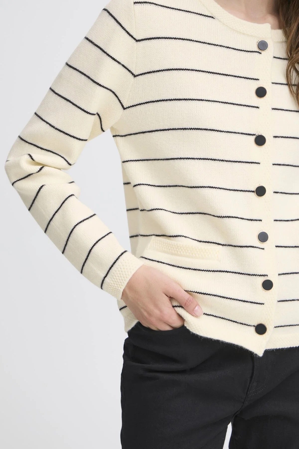 ICHI Besila Stripe Cardigan - Almond Milk