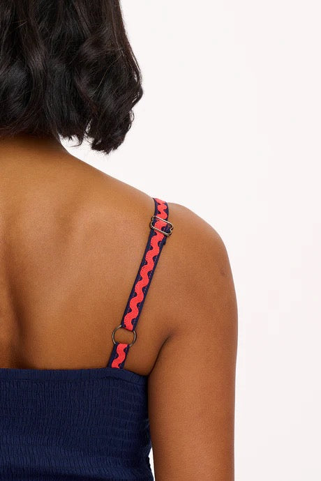 Sugarhill Brighton Penrose Shirred Sundress - Navy, Rainbow Ric Rac