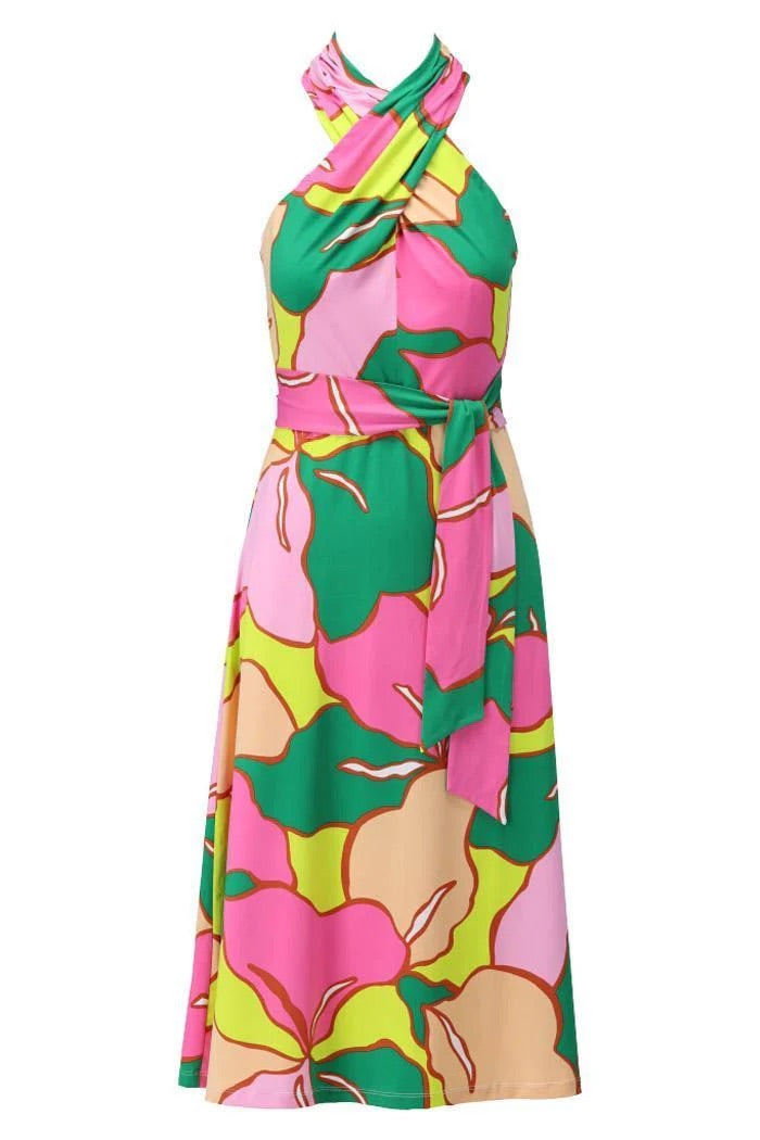 K-Design Lime Abstract Print Halter Neck Dress