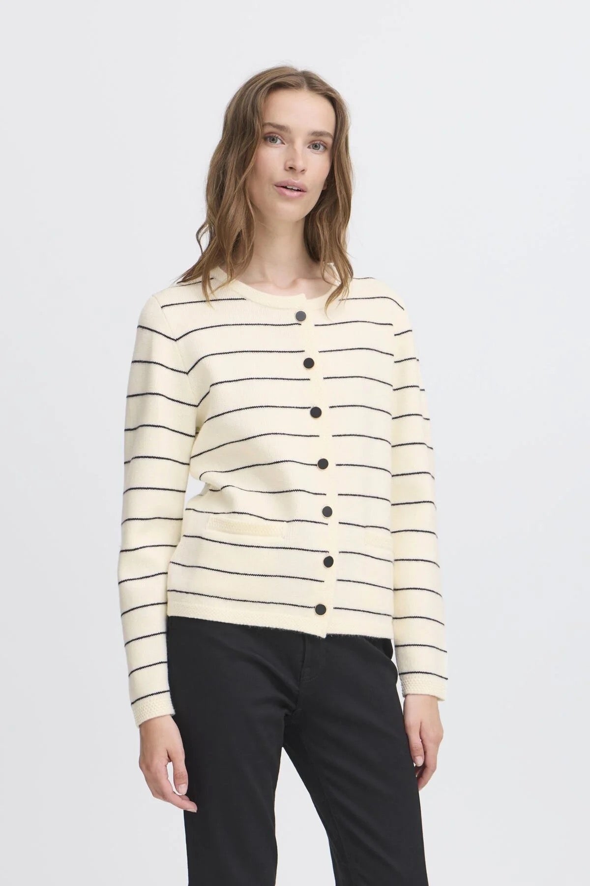 ICHI Besila Stripe Cardigan - Almond Milk