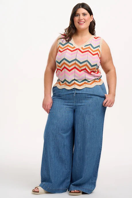 Sugarhill Brighton Rosy V-Neck Knit Vest - Cream, Rainbow Chevron Stripes
