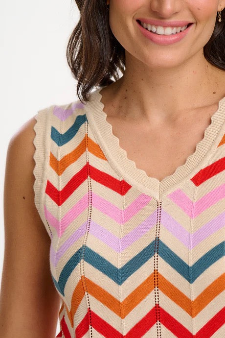 Sugarhill Brighton Rosy V-Neck Knit Vest - Cream, Rainbow Chevron Stripes