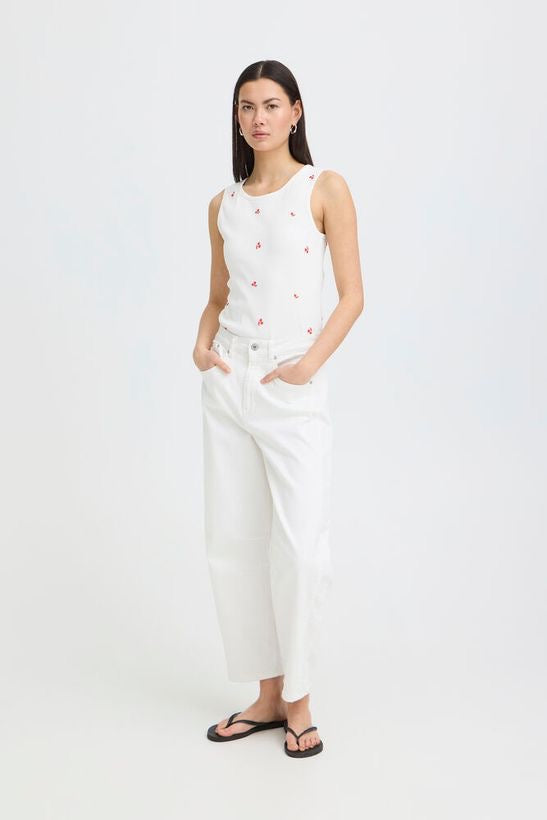 ICHI Palma Embroidered Top - White/Red