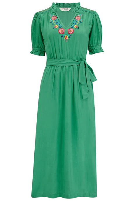 Sugarhill Brighton Carlota Midi Dress - Green, Folk Floral Embroidery