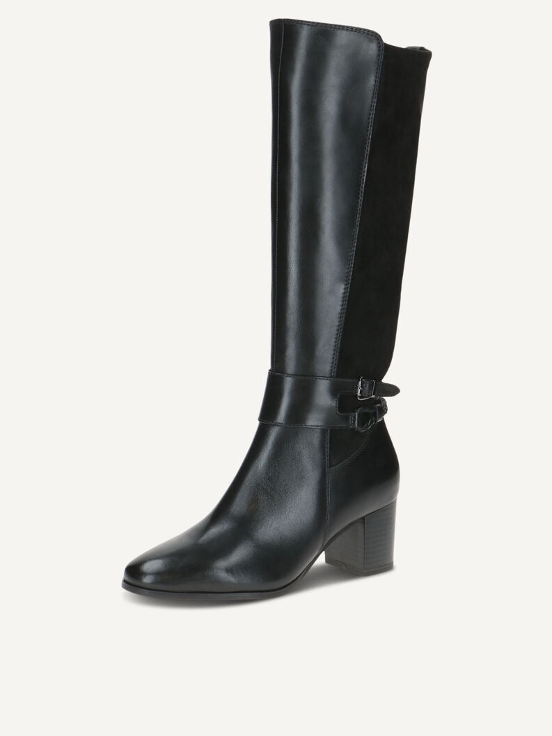 Caprice Long Leather Block Heel Boot - Black