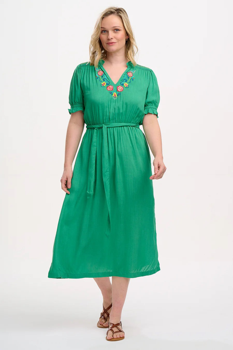 Sugarhill Brighton Carlota Midi Dress - Green, Folk Floral Embroidery