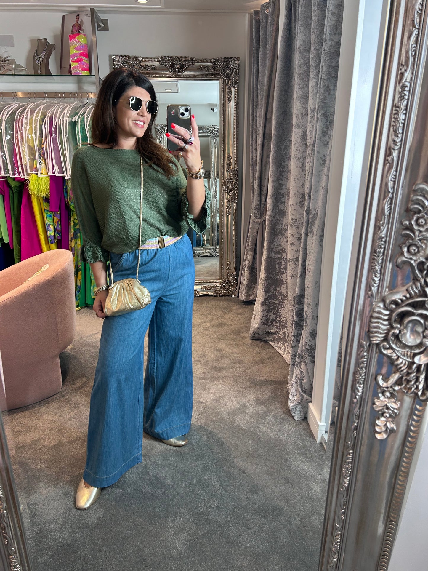 T1 Khaki Frill Edge Batwing Knit