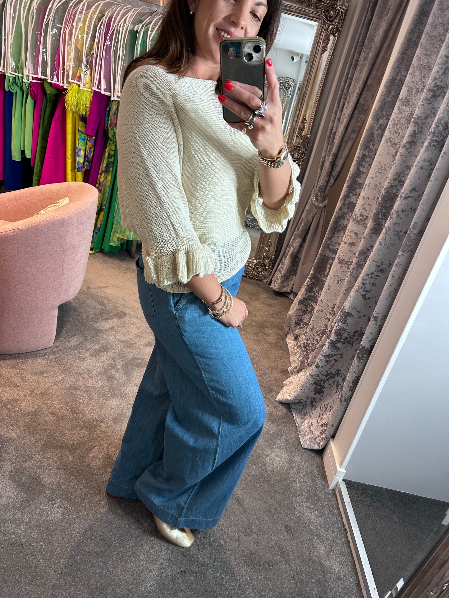 T1 Cream Frill Edge Batwing Knit