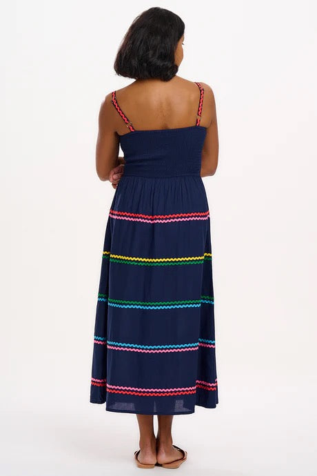 Sugarhill Brighton Penrose Shirred Sundress - Navy, Rainbow Ric Rac