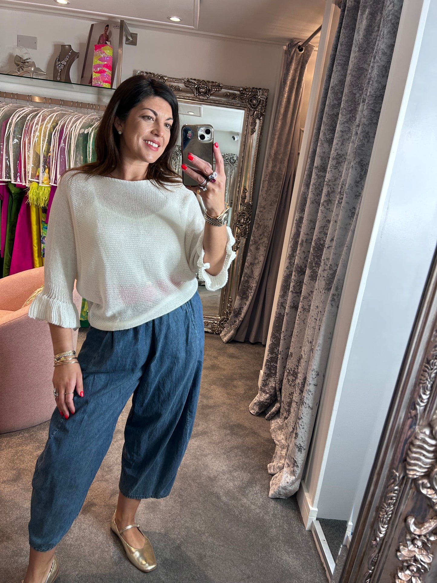 T1 White Frill Edge Batwing Knit
