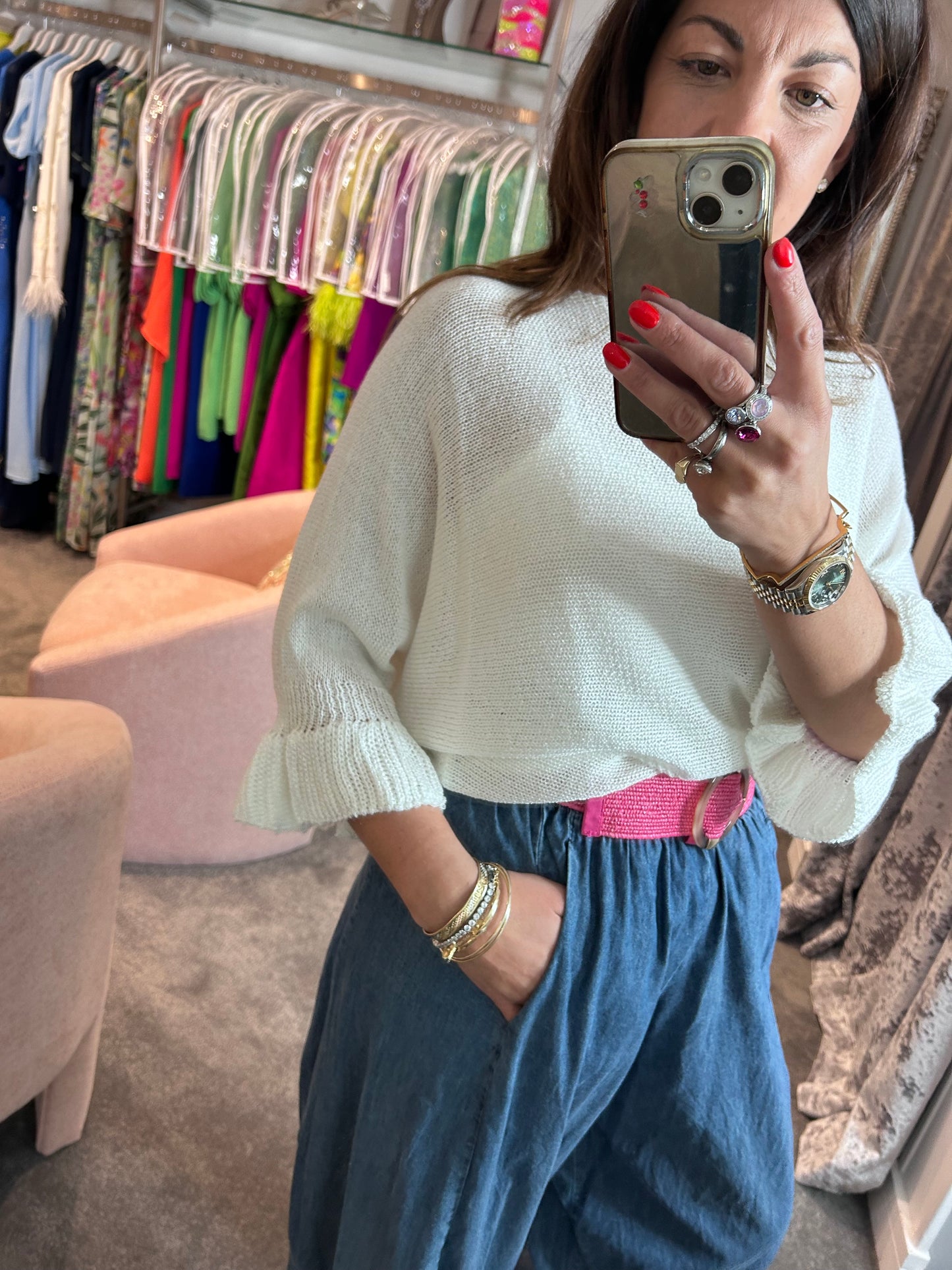 T1 White Frill Edge Batwing Knit
