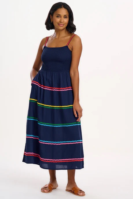 Sugarhill Brighton Penrose Shirred Sundress - Navy, Rainbow Ric Rac