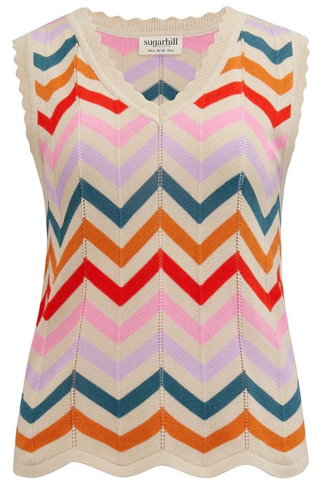 Sugarhill Brighton Rosy V-Neck Knit Vest - Cream, Rainbow Chevron Stripes