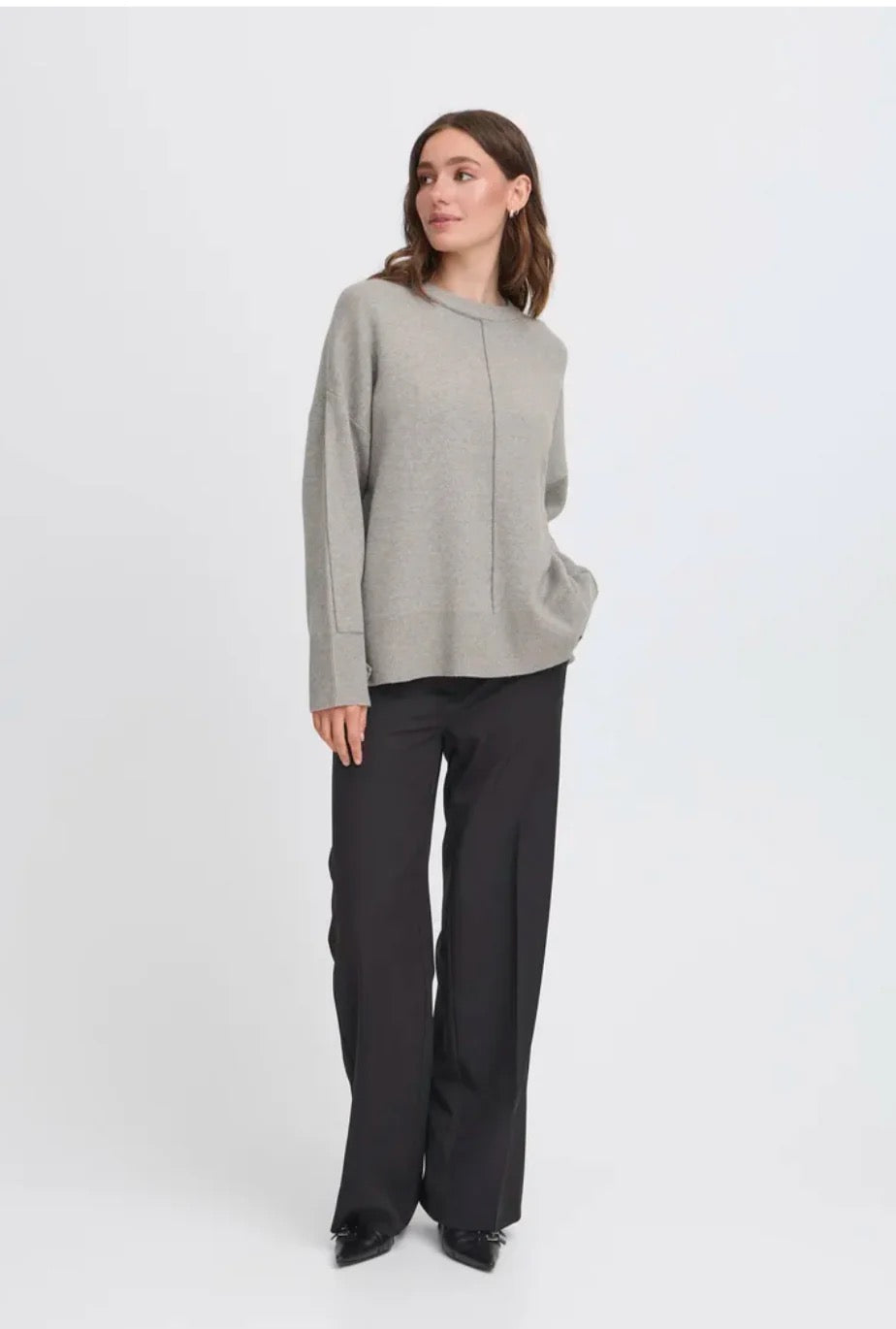 ICHI Ballia Long Sleeve Sweater - Grey Melange