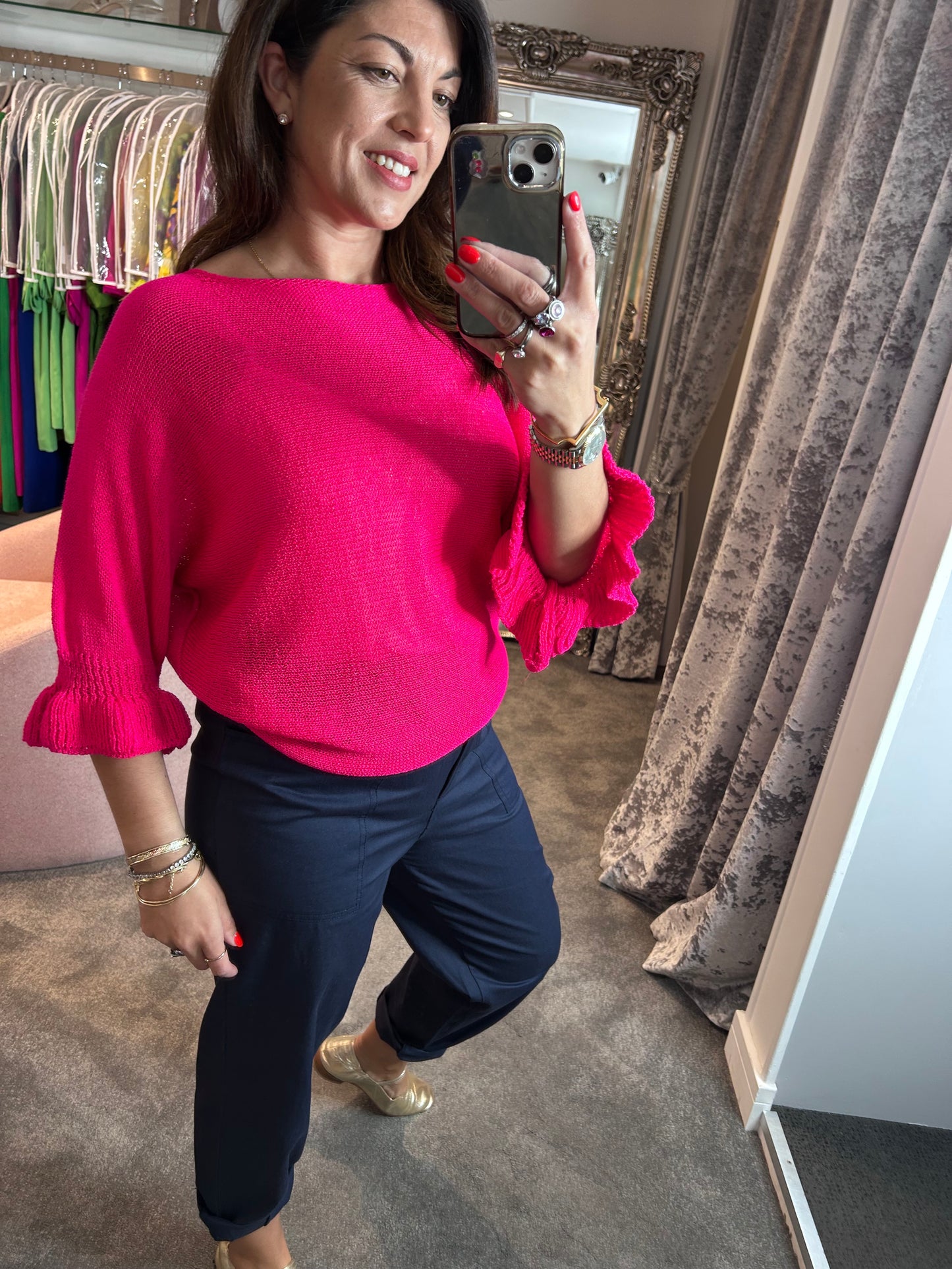 T1 Hot Pink Frill Edge Batwing Knit