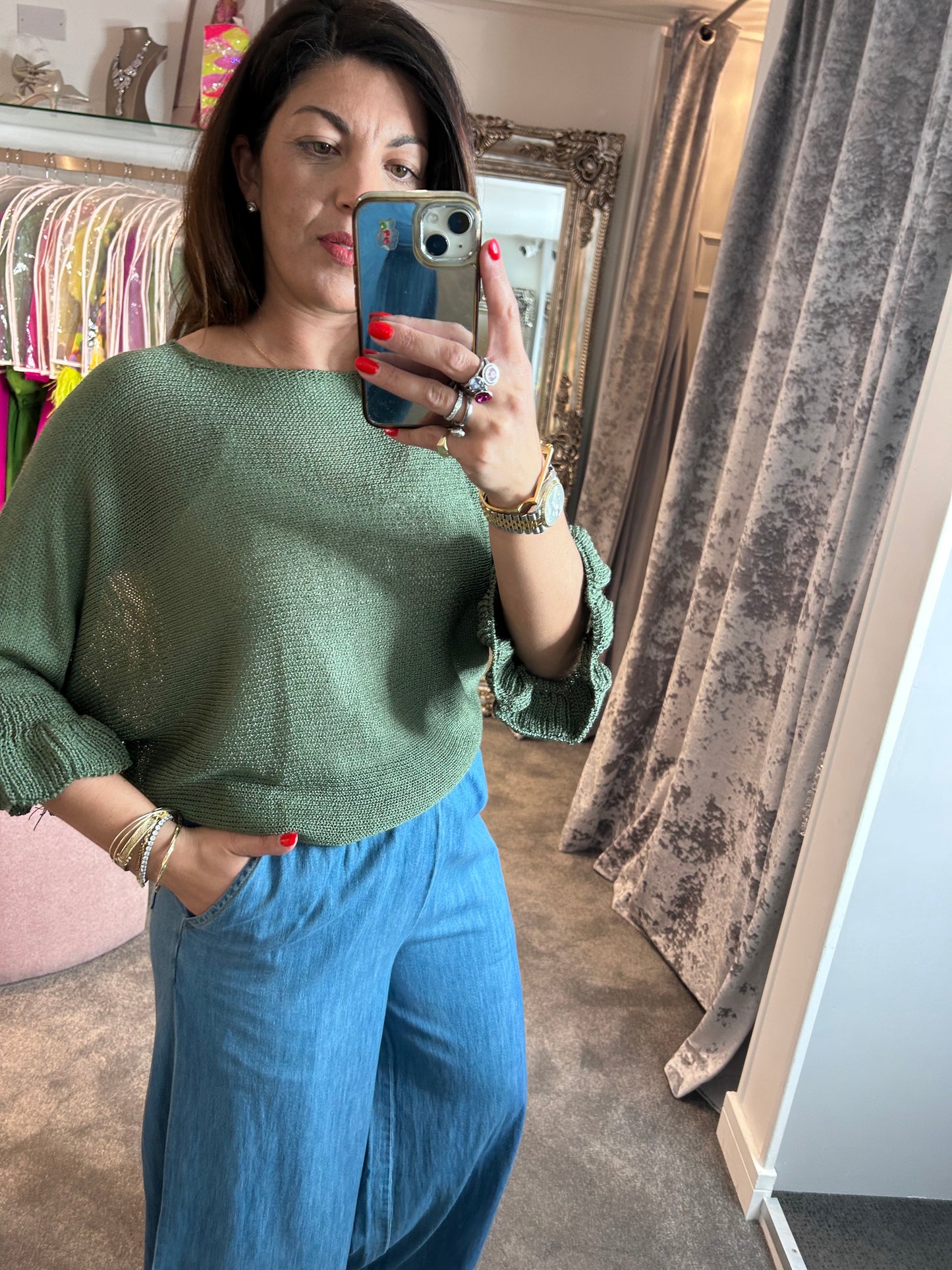 T1 Khaki Frill Edge Batwing Knit