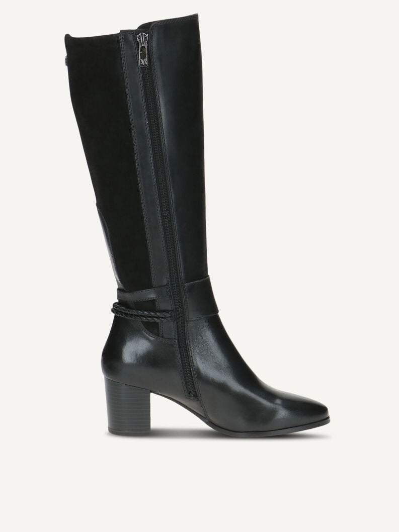 Caprice Long Leather Block Heel Boot - Black
