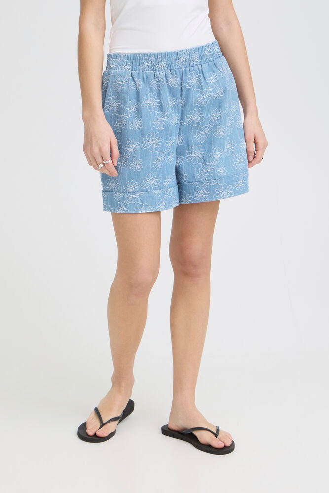 ICHI Odette Embroidered Shorts - Denim