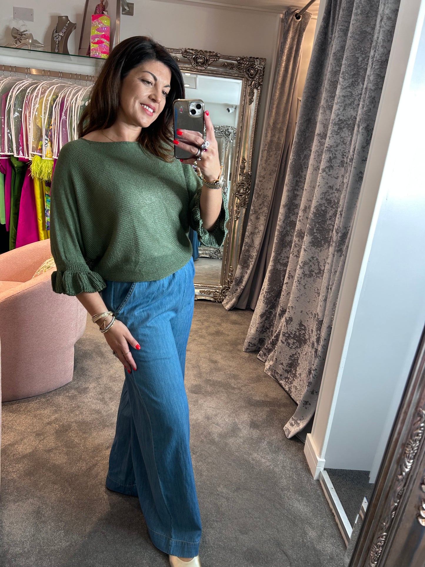 T1 Khaki Frill Edge Batwing Knit
