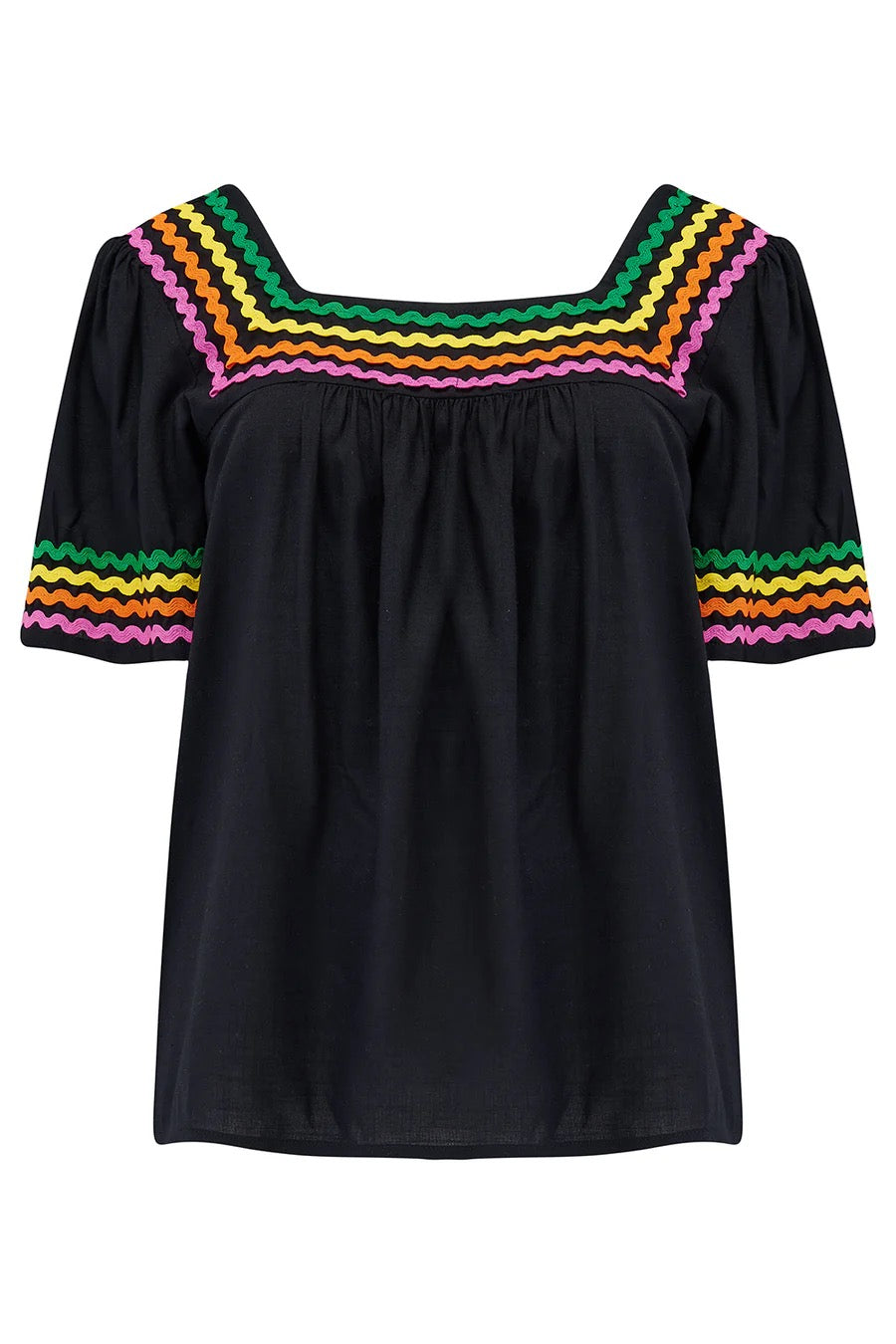 Sugarhill Brighton Carmen Top - Black, Rainbow Ric Rac