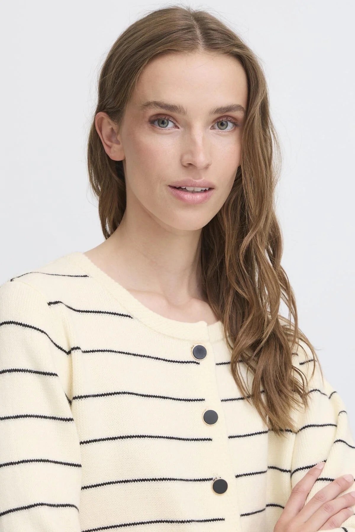 ICHI Besila Stripe Cardigan - Almond Milk